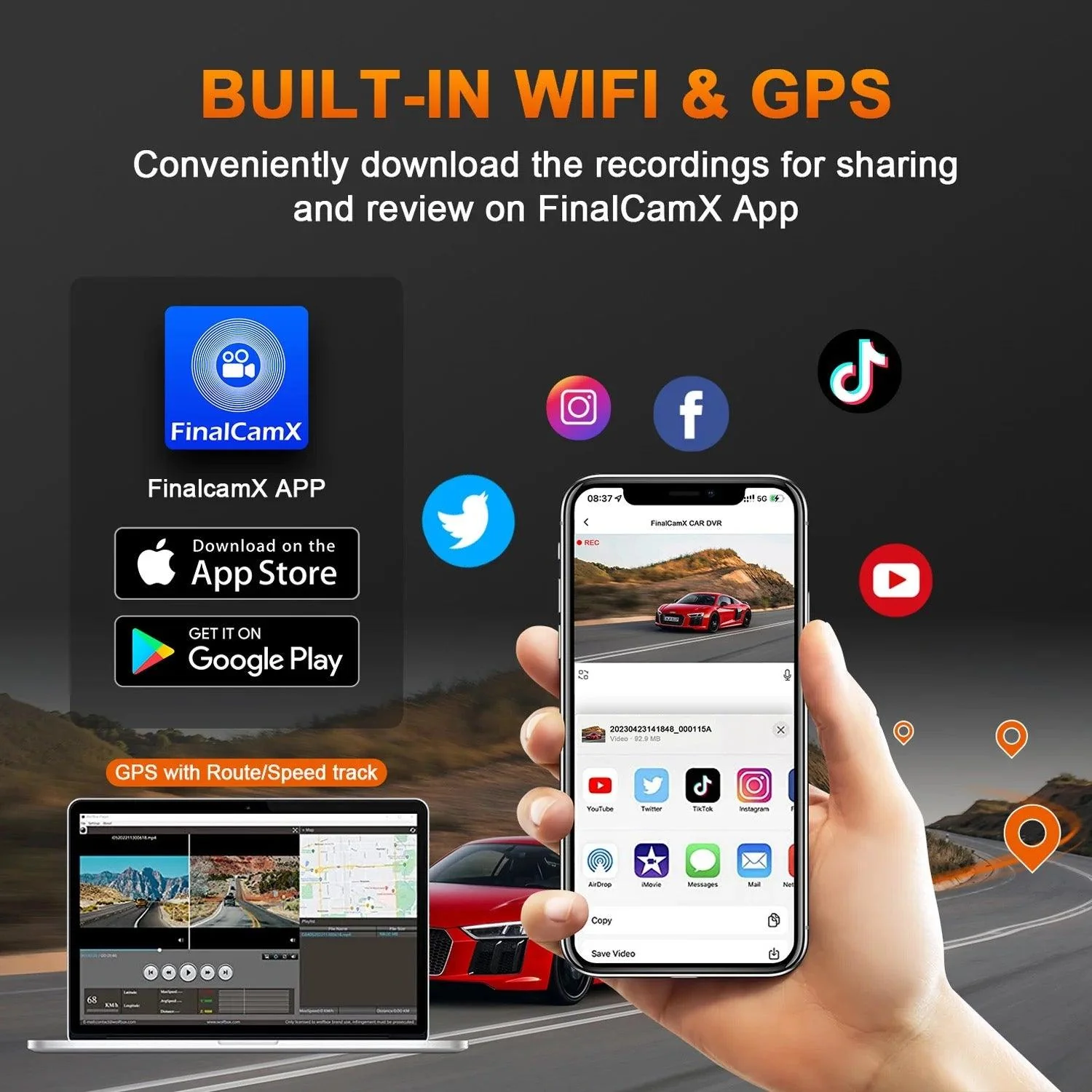 A207 Front & Rear Dashcam 32GB WiFi GPS - Image 3